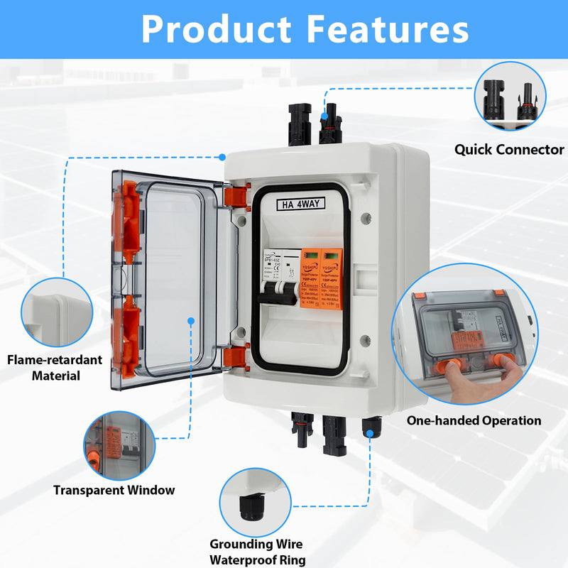 Solar Disconnect Switch, PV Combiner Box 1 String 1000V 40A Solar Surge Protector, IP65 Waterproof, Plug & Play Outdoor Solar Panel System 1String(1in1out)