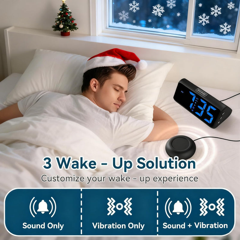 Netzu Loud Alarm Clock for Heavy Sleepers, Plug-in RGB Vibrating Alarm Clocks with Bed Shaker, 5 Dimmers, 2 Alarms and Snooze for Bedrooms Hearing Impaired Deaf Adults (Black) Black