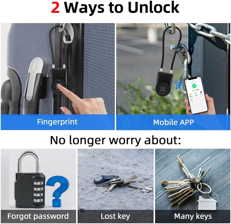 eLinkSmart Fingerprint Fridge Lock Cabinet Lock Cable Padlock for French Door Refrigerator Child Proof Waterproof 1000+ App Users 6 inch Steel Cable Lock for Gym Locker Cupboard Luggage (38cm) 38cm