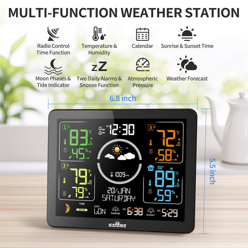Weather Stations Wireless Indoor Outdoor Thermometer with Multiple Sensors, 7.5" VA Display Weather Forecast Station with Atomic Clock, Temperature, Humidity and Adjustable Backlight for Home Black-Basic Weather Station