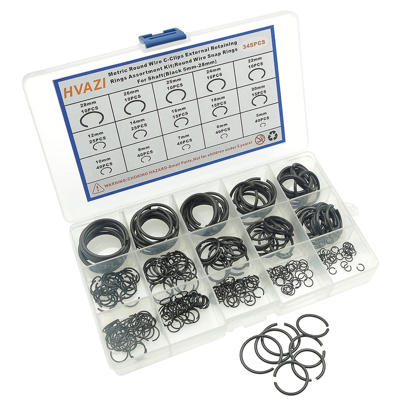 Metric 15-Sizes Round Wire C-Clips External Retaining Rings Assortment Kit;Round Wire Snap Rings for Shaft(Black 5mm-28mm)
