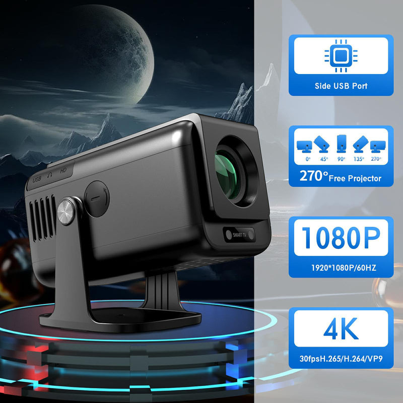 Mini Projector, V1 Portable Projector, Native 1920*1080P Support 4K Parse with Dual-Band WIFI6 5G Wireless 5.0 Bluetooth Android 13, 600ANSI, 270° Rotatable, Auto Keystone Correction Video Projector