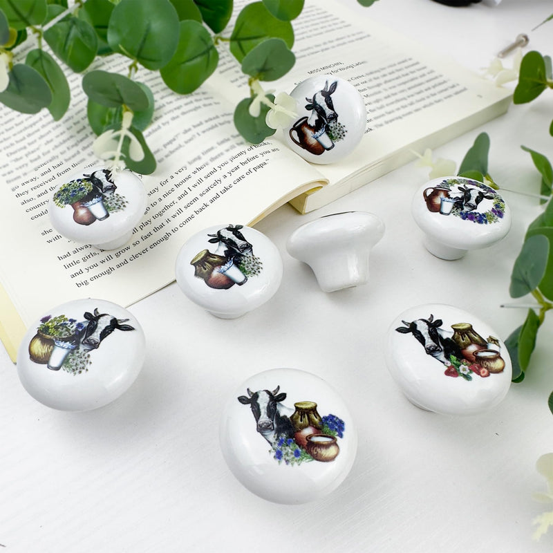 JamJam Set of 8 1.5" Ceramics Cow with Flower Farmhouse Rustic Cabinet Knobs Unique Kitchen Dresser Drawer Knobs Pulls Cupboard Wardrobe Furniture Handles