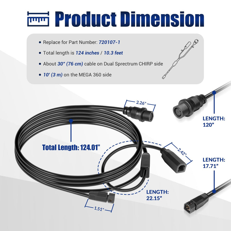 720107-1 Transducer Adapter Cable 10ft. Replace for 9-M360-2-DDI-Y Mega 360 & 2D/MDI 7-Pin Y-Cable, fit for Helix 15/12/10/9/8 Fish Finders, Compatible with MEGA 360