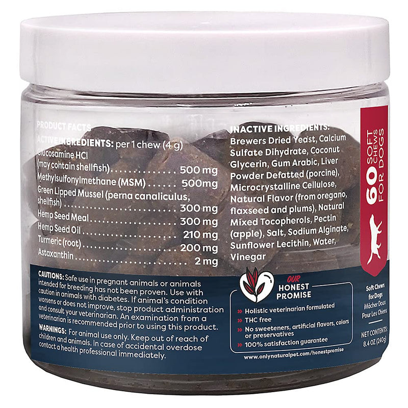 Only Natural Pet Hemp Advanced Mobility Support for Dogs Holistic Wellness Hip Bone Joint Health - Inflammatory Function Relieves Pain Stiffness Green Lipped Mussels Turmeric (HA) 60 Count - PawsPlanet Australia