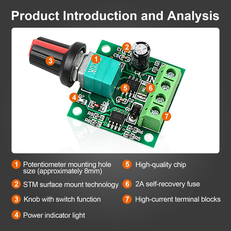 2Pack PWM Speed Controller Adjustable Driver Switch Low Voltage DC Motor Speed Controller with Speed Control Knob 1.8v 3v 5v 6v 12v 2A 30W