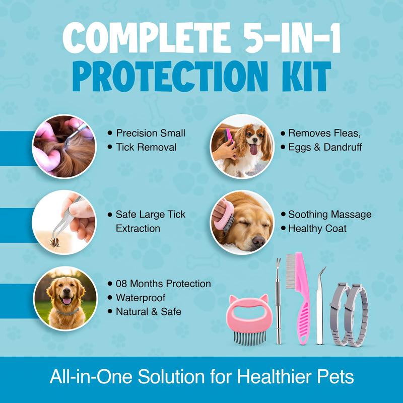 Dog Flea and Tick Collar 8-Month Protection All Natural Flea Collar for Dogs & Puppies with Flea Comb, Shell Comb, Tick Tweezers & Tick Removal Tool | 5-in-1 Dog Flea Collar & Protection Kit