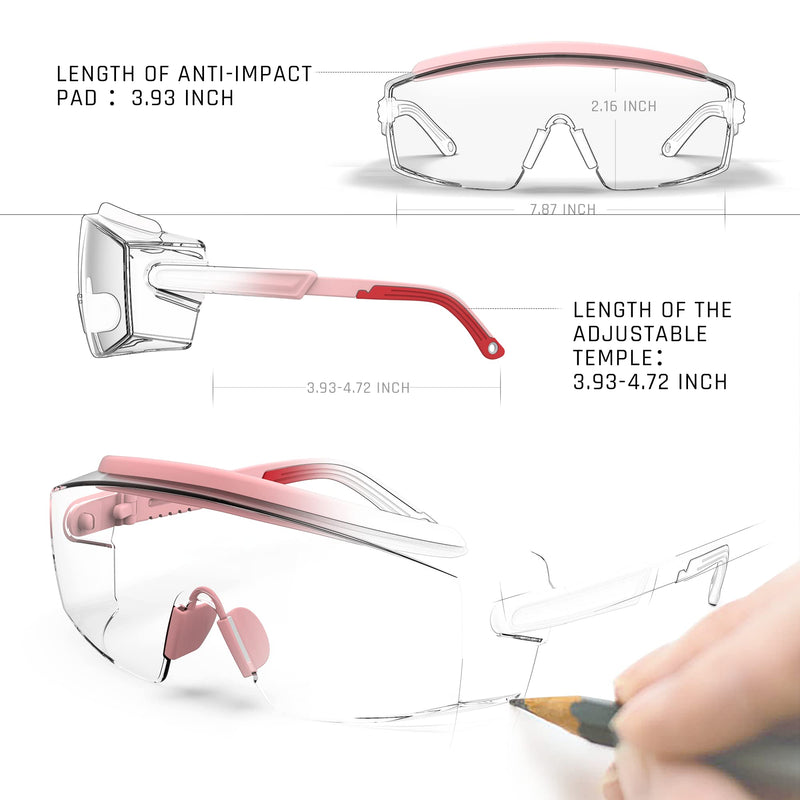 Anti Fog Safety Glasses Safety Goggles Over Glasses Protective Glasses with Anti Scratch Lenses Adjustable Pink