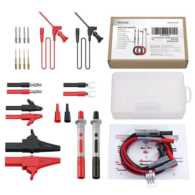 Proster Electrical Multimeter Test Lead 24pcs - Multitester Leads Multimeter Probe Alligator Clips Replaceable Volt Clamp Meter Leads Electronic Test Lead Test Leads 24pcs
