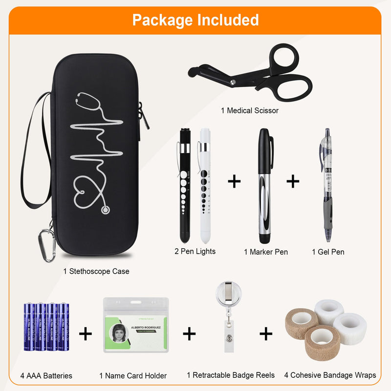 BOVKE 15 Pcs Stethoscope Case Set, Nurse Tool Kits Include Stethoscope Case, Medical Scissors, 2 Penlights with Batteries, Bandage Wraps, ID Card Holder for Nurse Accessories for Work, Black