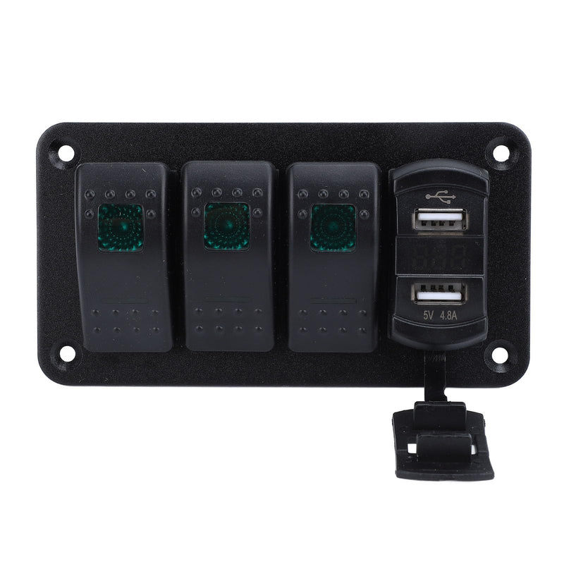 Keenso 12V 24V 3 Gang Rocker Switch Aluminum Panel with Voltmeter Dual USB Fast Charging Multifuntional Switch Panel for Boat Car Truck (Green Light) Green Light