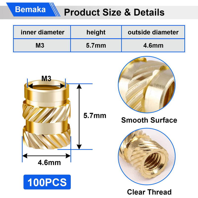 100PCS M3 Threaded Inserts for Plastic, M3 Heat Set Inserts for 3D Printing Components, M3x5.7x4.6mm Metric Knurled Brass Nuts Inserts M3x5.7x4.6