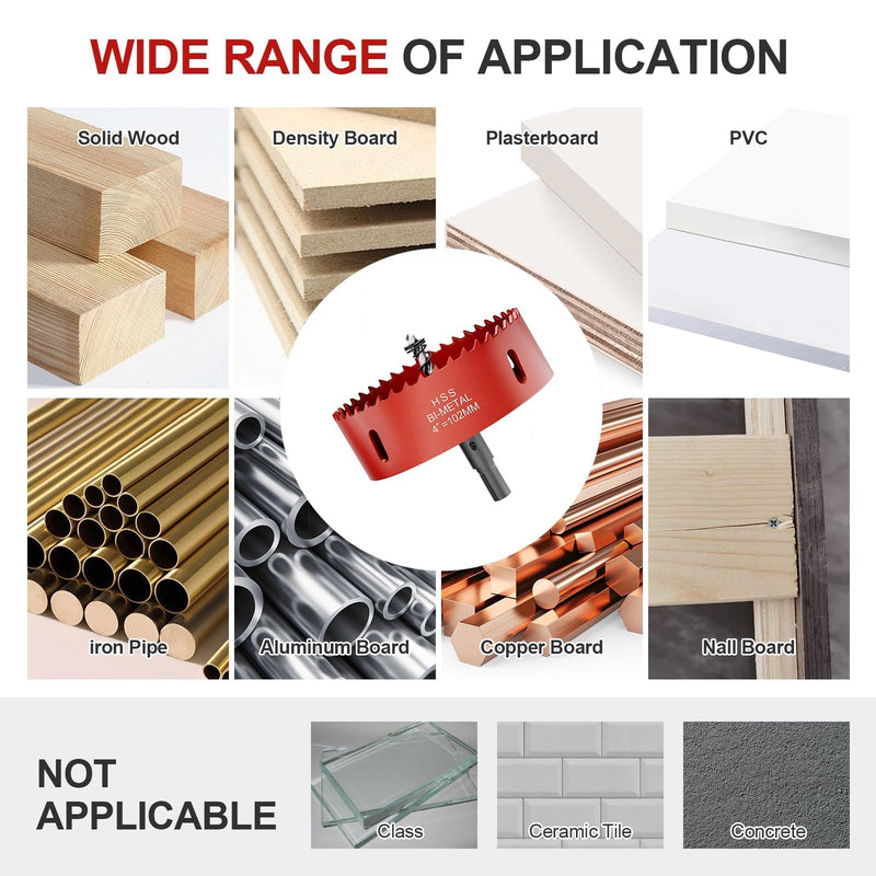 4 Inch Hole Saw - 102mm M42 HSS Bi-Metal Hole Cutter, Triangular Shank Hole Saw Drill Bit with Spring, Hole Saw Tools for Wood, Plywood, Plastic, Gypsum Board, Various Thin Metal Sheets 4"(102mm)