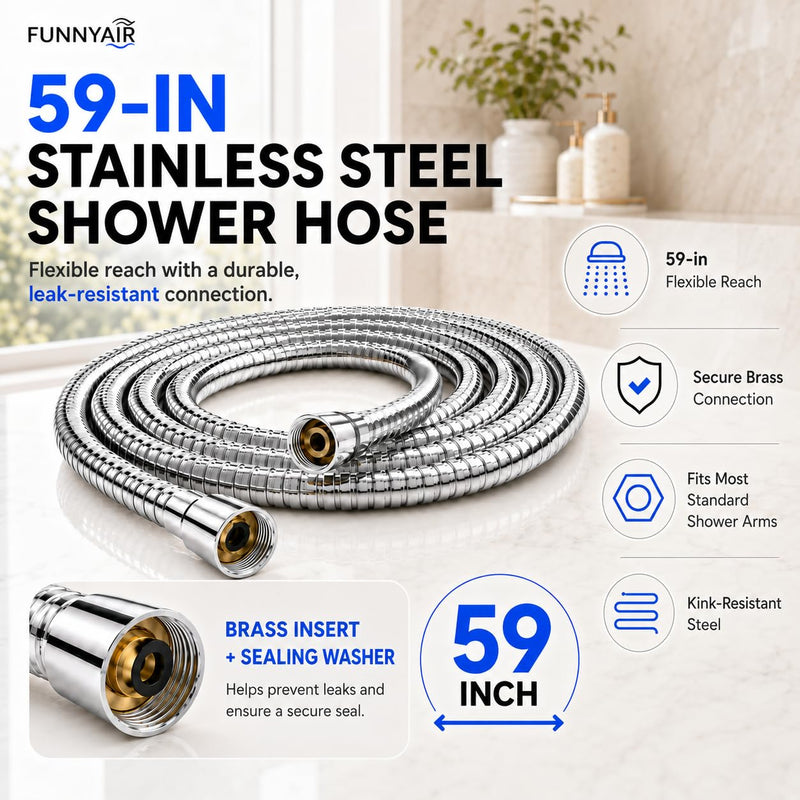Handheld Shower Head, FunnyAir High Pressure Showerhead with 5 Spray Modes, 59 Inch Stainless Steel Hose, Dual 360° Adjustable & Adhesive Brackets, Ideal for Low Water Pressure Home, Apartment Chrome