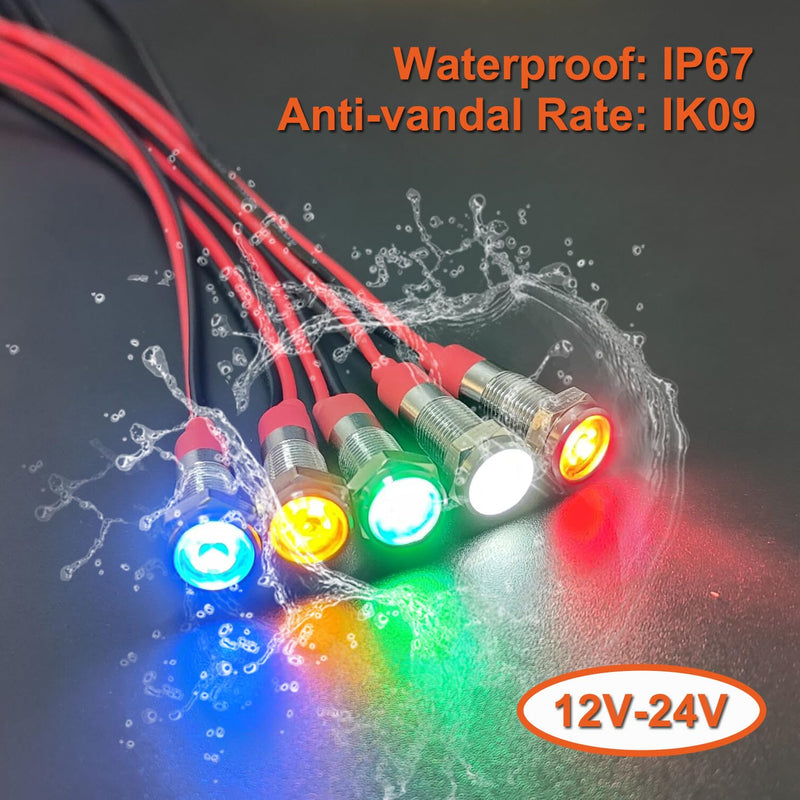 10Pcs 6mm (1/4") LED Indicator Light 12V-24V 20mA Waterproof Metal Wide Flat head Signal Lamp Pilot Dash Directional with Wire (White Red Yellow Blue Green)*2 Mix