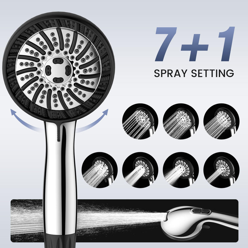 NSF Certified Shower Head with Filters, High Pressure Filtered Shower Head with Handheld 8 Mode, Water Softener Anti-clog Nozzles, Built-in Power Wash, Stainless Steel Hose,Overhead Brackets Chrome
