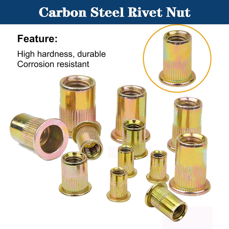 Rivet Nut #6-32 UNC 160Pcs Yellow Zinc Plated Finish Flat Head Rivnut Threaded Insert Nut Knurled Body (Yellow #6-32)