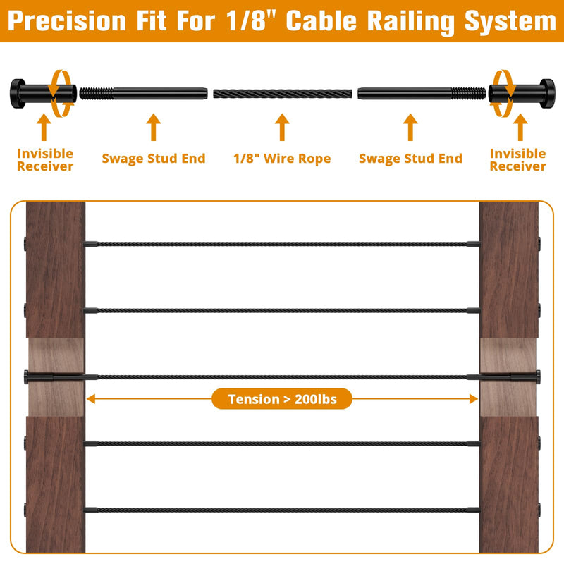 Black Cable Railing Hardware - 40 Pack 1/8" T316 Stainless Steel Invisible Receiver Swage Stud End for 2"x2" Wood Metal Post - Deck Cable Railing Kit