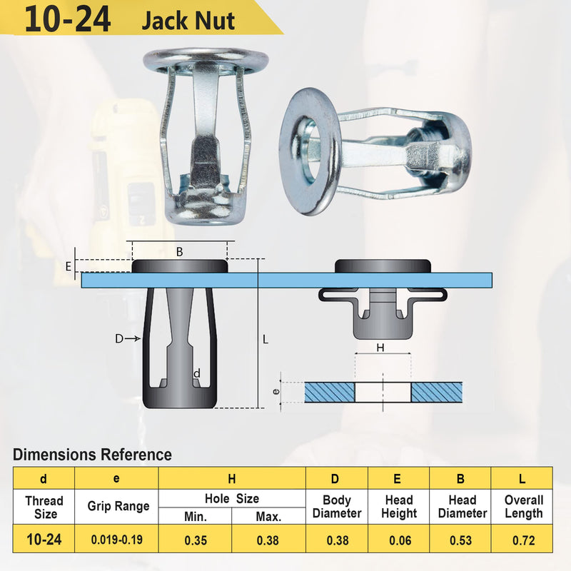 10-24 Jack Nut with Installation Tool Kit Threaded Insert Petal Nuts Nutserts Jacknut Srew Anchor Spider Rivnut Blind for Plastic Polywood Pressboard Hardboard 10-24-20PCS-Steel (With Tool)