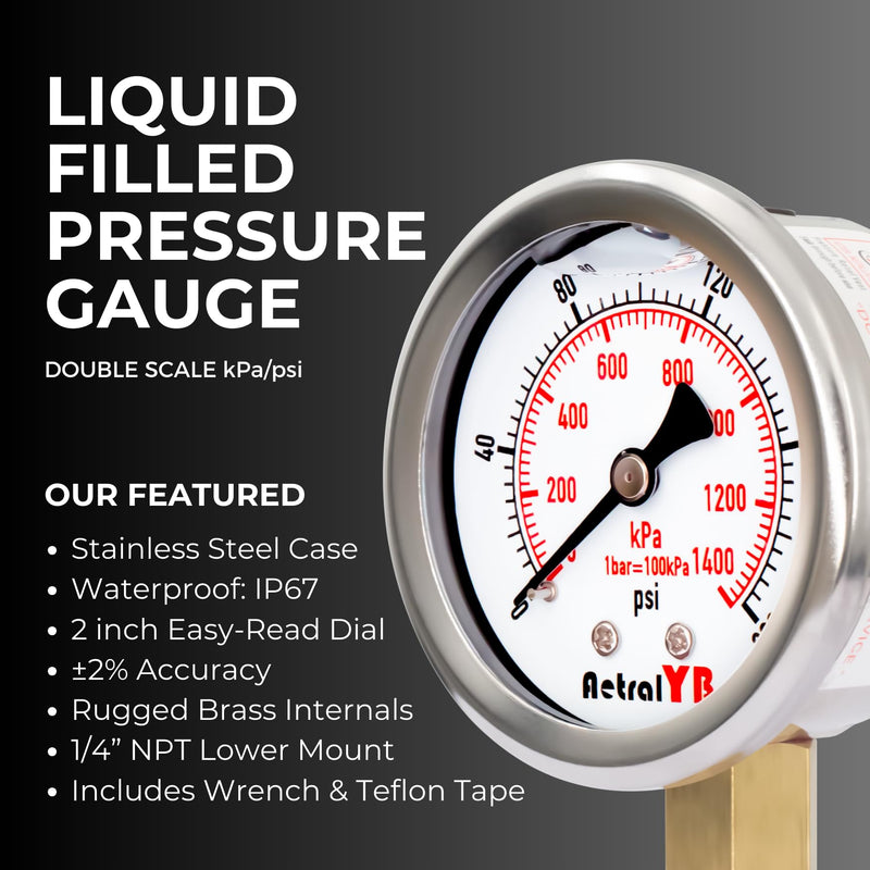 0-200 Psi 2-Inch Waterproof Pressure Gauge, Liquid-Filled, 1/4" NPT Lower Mount, Stainless Steel, Pressure Gauge for Water Pumps, Oil Systems, Pneumatic Air, and Pool Sand Filters 0-200psi