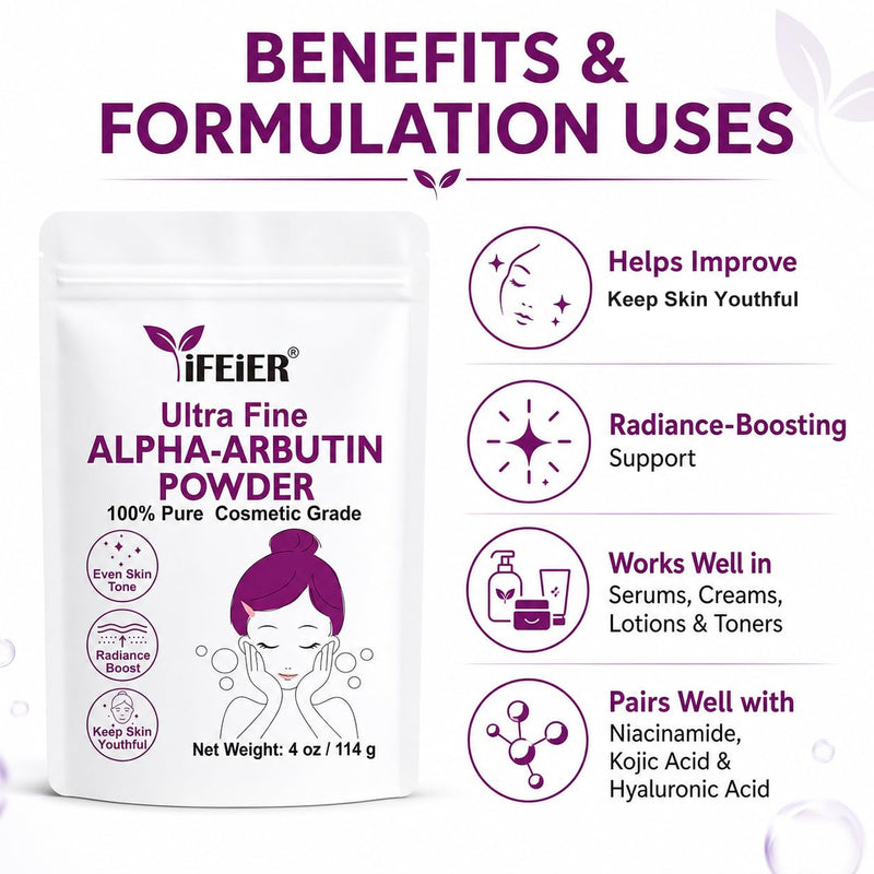100% Pure Alpha Arbutin Powder for Skin 4 oz (114g), Nano-Grade Ultra-Fine Powder for excellent water solubility, Cosmetic Grade α-Arbutin for DIY Skin Care Formulations 4oz (114g)