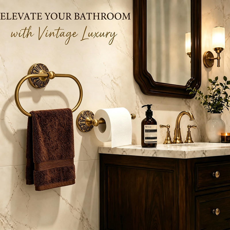 Antique Brass Toilet Paper Holder & Hand Towel Ring Set | Wall Mounted Oval Towel Ring with 180° Swivel & Concealed Screws, 2 Piece Rustproof Vintage Gold Brushed Bathroom Hardware