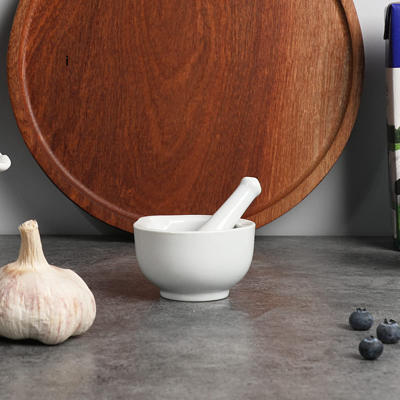 ONTUBE Mortar and Pestle Set, Ceramic Stoneware Spice Herb Grinder Pill Crusher Set (3.2 Inch) White