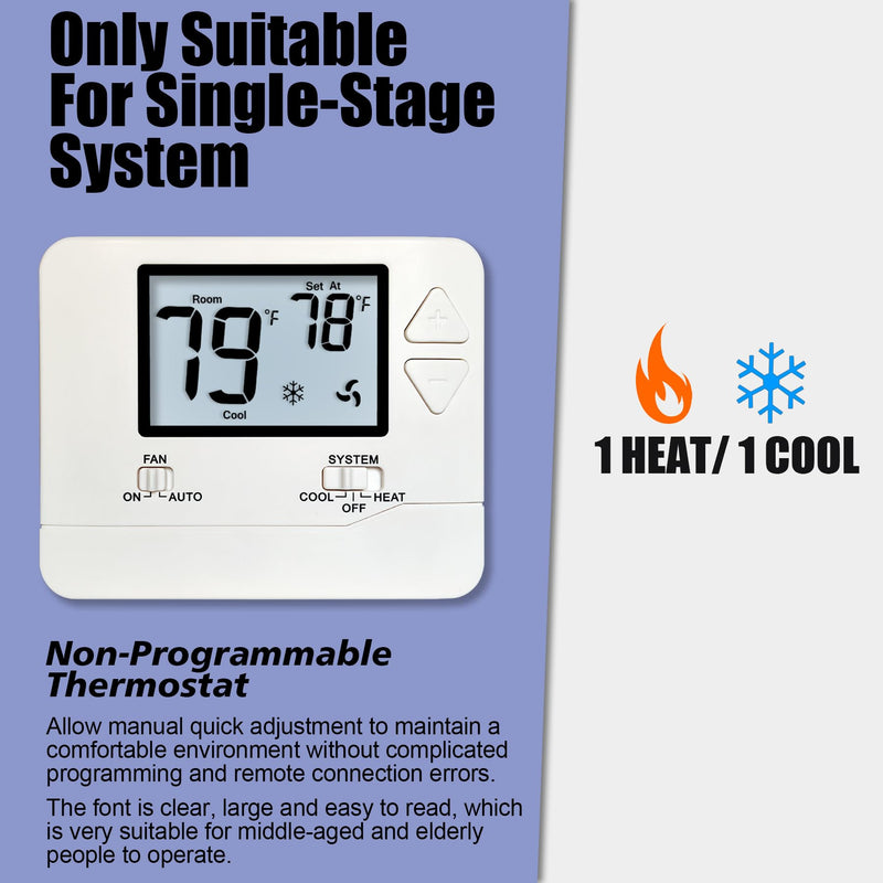 Non-Programmable Thermostats for Home Conventional Single-Stage Systems, up to 1 Heat/ 1 Cool (with White Backlight)