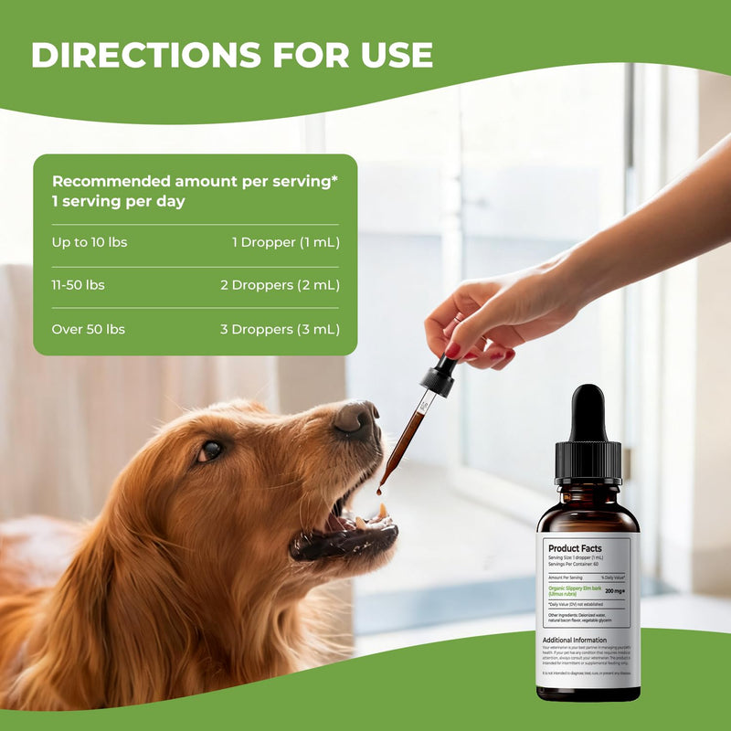 Slippery Elm for Dogs Liquid Drops, Organic Slippery Elm Bark Extract, Gut and Throat Comfort Support, Easy Mix-in Dog Supplement, Bacon Flavor, 2 fl oz