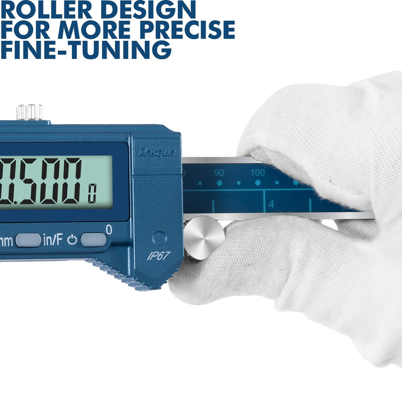 Dasqua 6”/150mm IP67 Absolute Origin Digital Caliper, Stainless Steel, Accuracy ±0.001”/0.02mm, Resolution 0.0005"/0.01mm/1/128, Water/Coolant/Dust Protection, in/mm/Fraction Conversion Blue Case Cover 6"/150mm