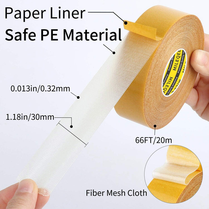 3Pack Double Sided Tape Heavy Duty, 1.18" x 66FT (198FT Total), Universal High Tack Strong Wall Adhesive with Fiberglass Mesh, Super Sticky Resistente Clear Tape, Easy Use Mounting Tape 3 Pack, Each 1.18" x 66FT