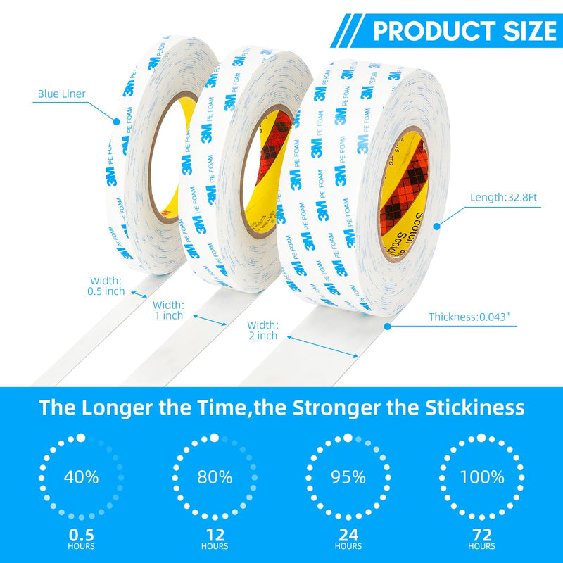 3M Double Sided Tape 0.5"×32.8Ft PE Foam Tape White 1600T 0.043" Thick Adhesive Tape Waterproof for Crafts Arts DIY Paint Picture Poster 0.5"x32.8Ft