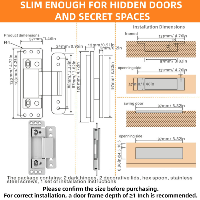 Hidden Door Hinges, 2Pack Adjustable Concealed Hinges 110Lbs Load-Bearing Heavy Duty Pivot Hinge 110° Swinging Invisible Hinges for Secret Doors, Bookcase, Shelf & Murphy Door Silver