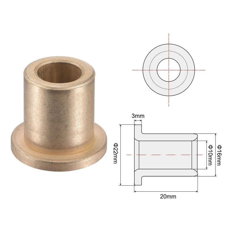 uxcell Flange Sleeve Bearings 10mm Bore 16mm OD 20mm Length 22mm Flange Dia 3mm Flange Thickness Sintered Bronze Self-Lubricating Bushing 2pcs 10x16x20mm