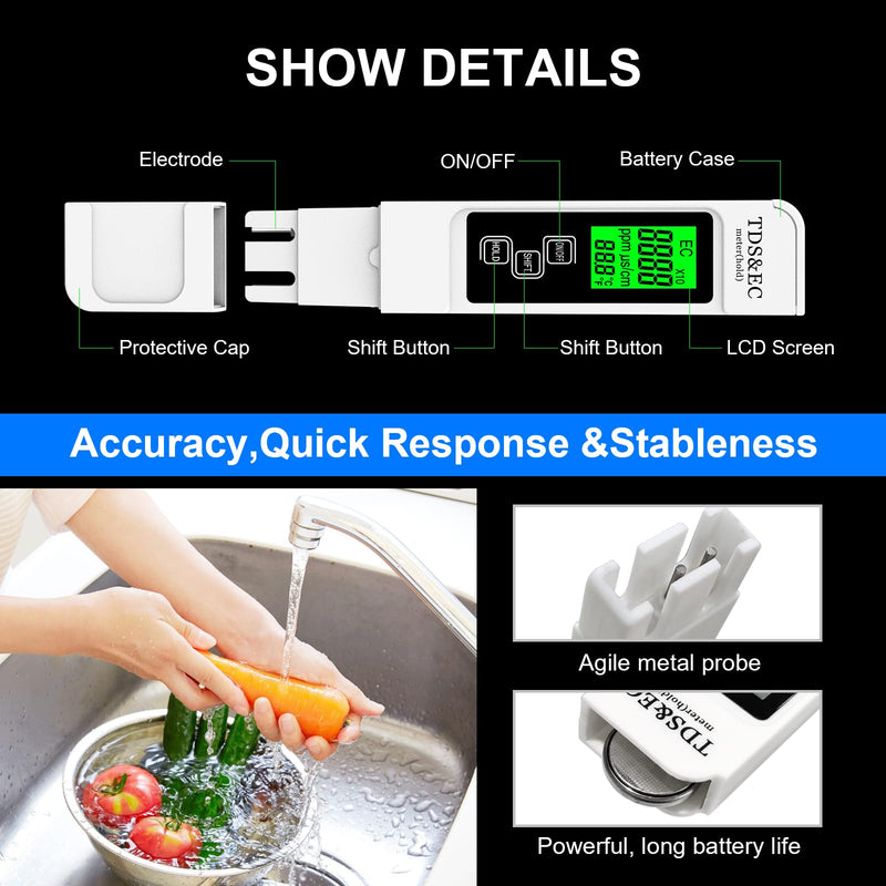 Most Accurate So Far 4-in-1 Instant Read TDS Meter - Measures TDS, EC, & Temperature (°C/°F) - Digital Water Testing Kit for Tap, Well, Pool, Hydroponics, Aquarium, RO/DI System White