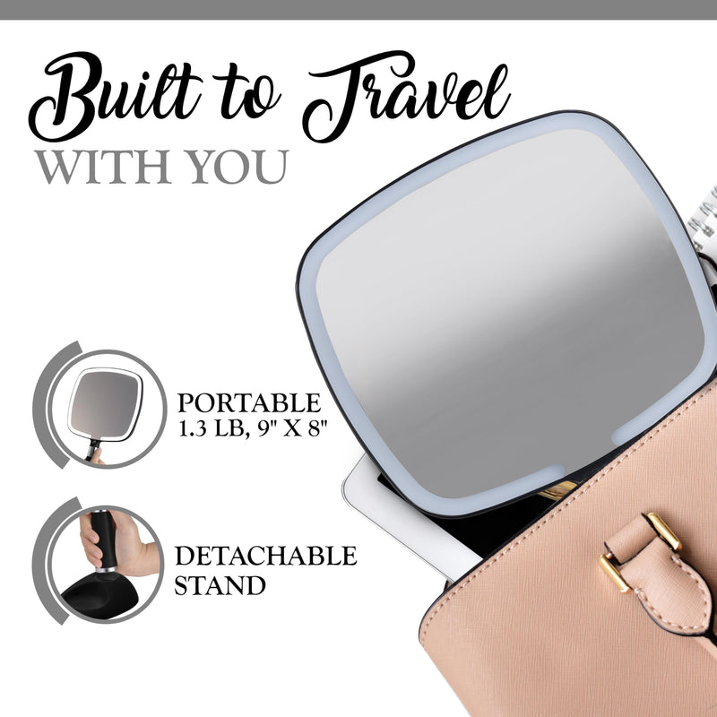 MIRRORVANA Lighted Travel Makeup Mirror - 2 in 1 Handheld & Tabletop LED Mirror with 3 Light Modes, Detachable Stand, and Comfy Handle - 9" x 13" (Black) Negro