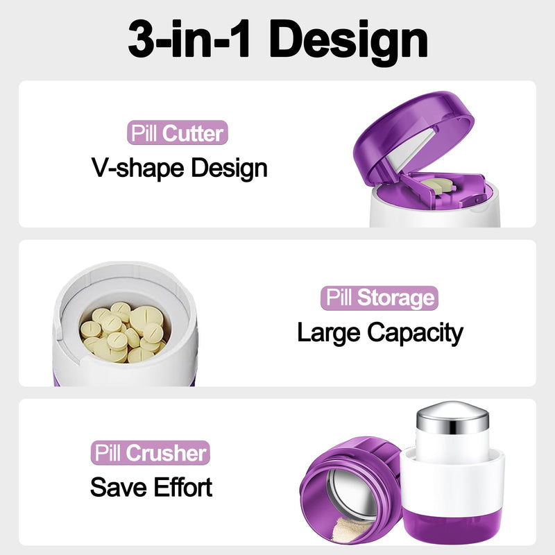DUBSTAR 3-in-1 Pill Crusher Pill Grinder, Pill Crusher Fine Powder with Brush, Pill Crushers for Elderly with Pill Cutter and Storage, Pill Cutter Splitter for Small or Large Pills (Purple) Purple