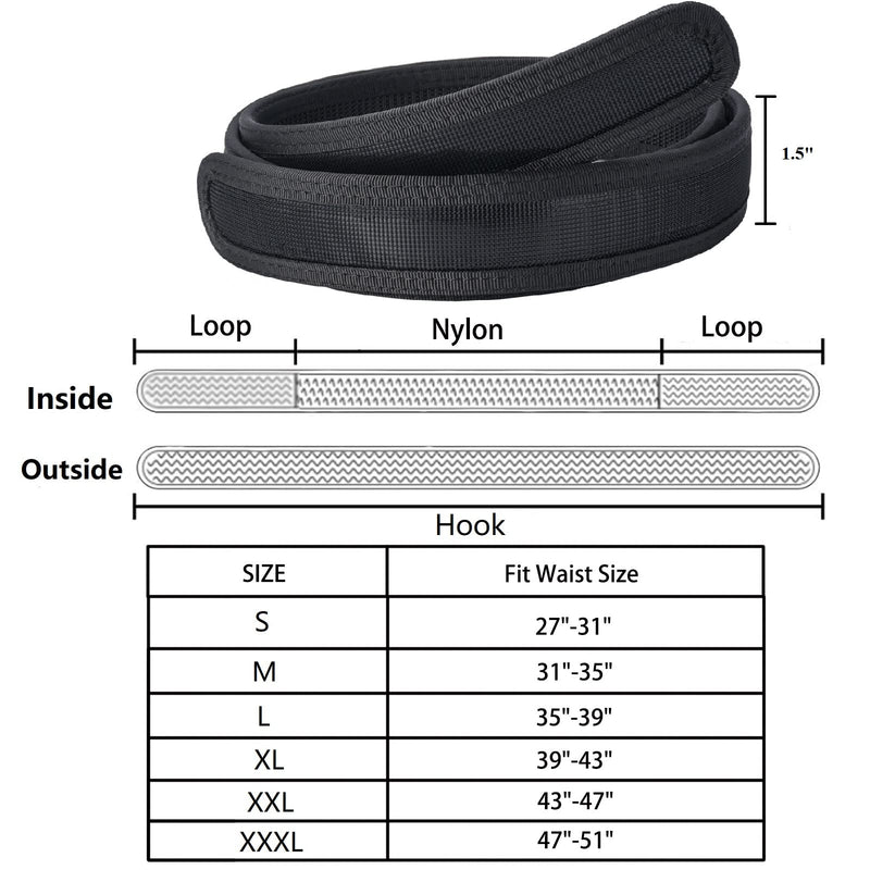 Inner Belt 1.5" Hook Liner Belt Buckleless Under Belt for Duty Belt EDC Work Black M(31"-35")