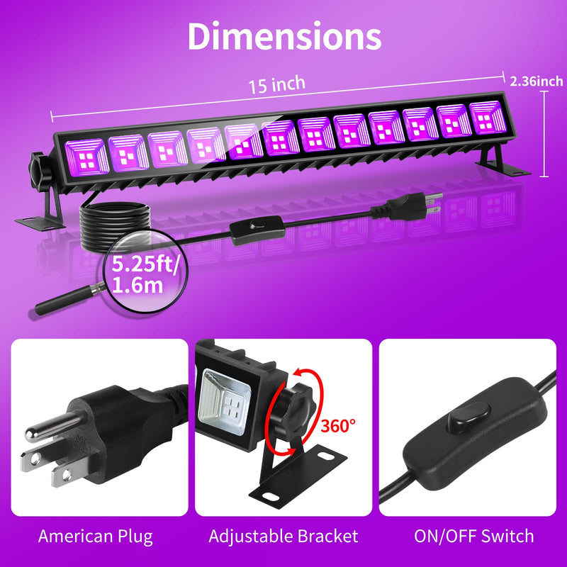 42W Black Light Bar with 5.25ft Cord and Switch, Light Up 23x23ft, Waterproof 40 LEDs Blacklights for Glow Party, Halloween Decor, Body Paint, Bedroom, Classroom 1 Pack 42W-1PACK