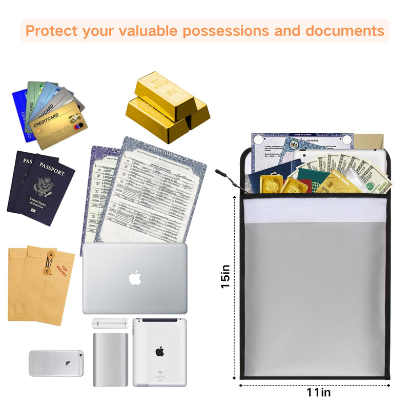 Fireproof Document Bag – Waterproof Fireproof Money Bag for Cash with Zipper, Fireproof Pouch for Important Document Storage | Fireproof Bags for Documents,Money (Silver Gray, Inside Size 15“ x 11") Inside Size 15“ x 11" Silver Gray