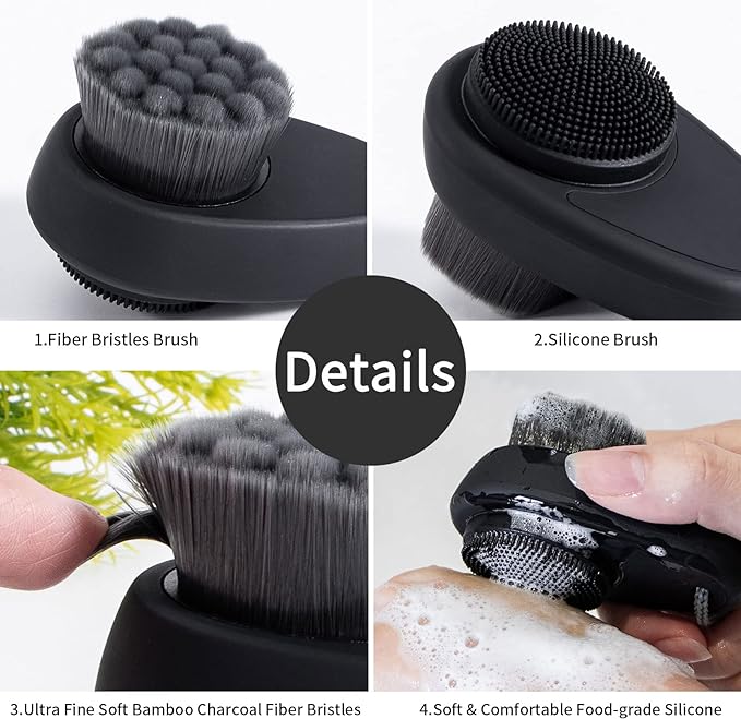 Beomeen Facial Cleansing Brush 2 in 1 Facial Exfoliation Silicone Face Scrubber for Men Double Sided Soft Bamboo Charcoal Microfiber Face Scrub Brush Pore Deep Cleansing with Lid Black - NewNest Australia