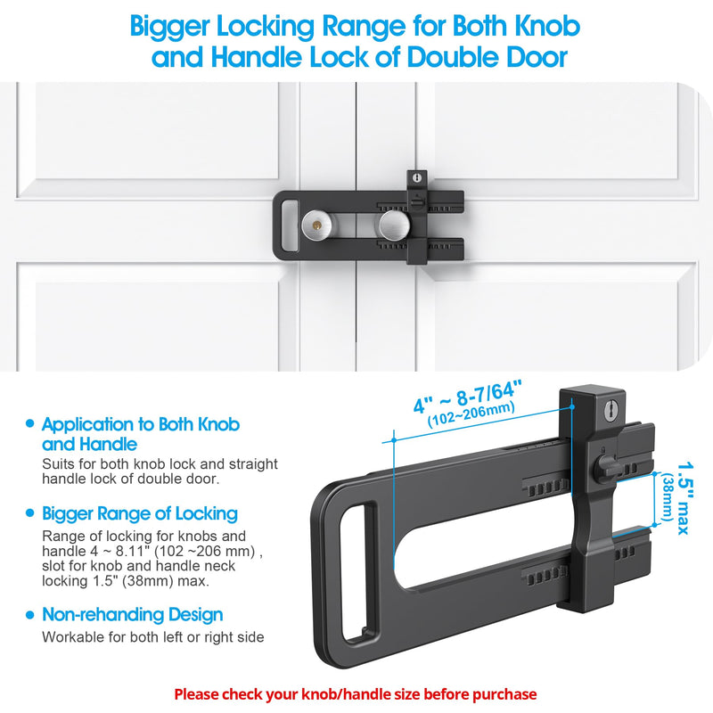 AST Double Door Lockout Device, French Door Reinforcement Lock with 3 Keys, Lockout to Double Door Knobset and Handleset, Childproof Door Lock, Premium Version (Matte Black with Key Alike) Matte Black with Keyed Alike