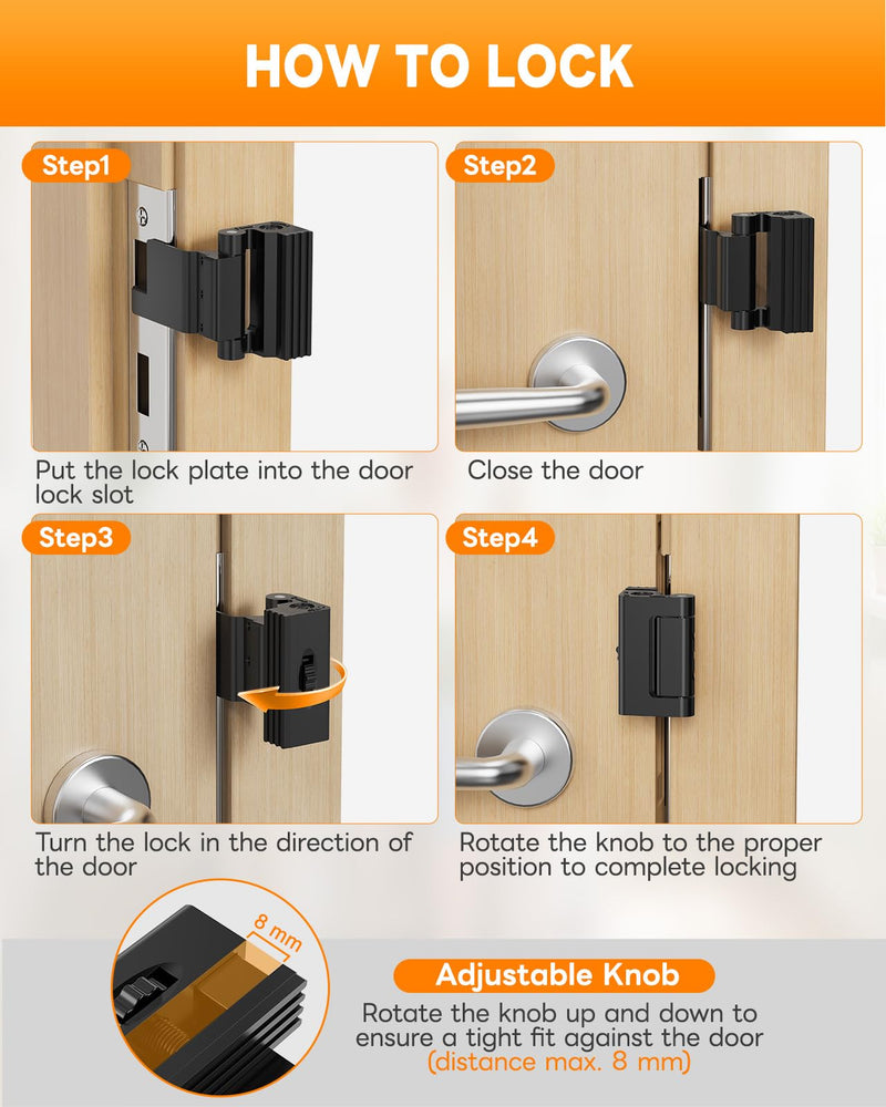 Portable Door Reinforcement Lock for Travel & Home, No Screws Instant Install Safety Lock for Inward Swing Front Door, Hotel, Apartment - Extra Latch from Inside Withstand 800lbs (Black-3PCS) Black-3PCS