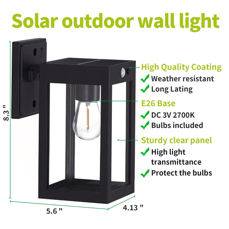 2 Pack Solar Porch Lights Outdoor,Solar Wall Lights with 3 Lighting Modes&Motion Sensor, Dusk to Dawn Sconce Lights Wall Mount,Exterior Wall Lantern Light Fixture for House, Garage,Patio,Shed Black