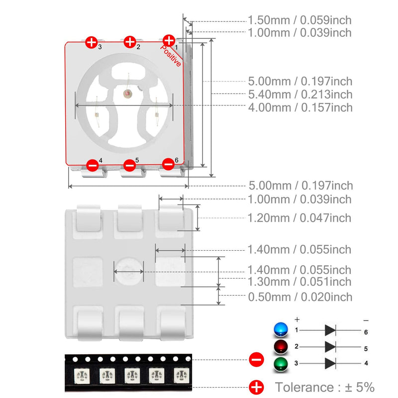 CHANZON 100 pcs 5050 SMD RGB Tricolor LED Diode Lights Chips (Red Green Blue Multicolor Common Anode 6 pin DC 20mA) Super Bright Lighting Bulb Lamps Electronics Components Light Emitting Diodes K) Rgb (100pcs)