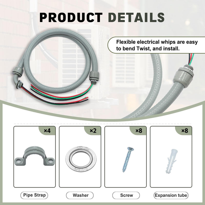 1/2" x 4Ft Power Whip Assembly Kit, Non-Metallic Liquid Tight Flexible Electrical Conduit with 10 Gauge Wire Electrical AC Whip Kit
