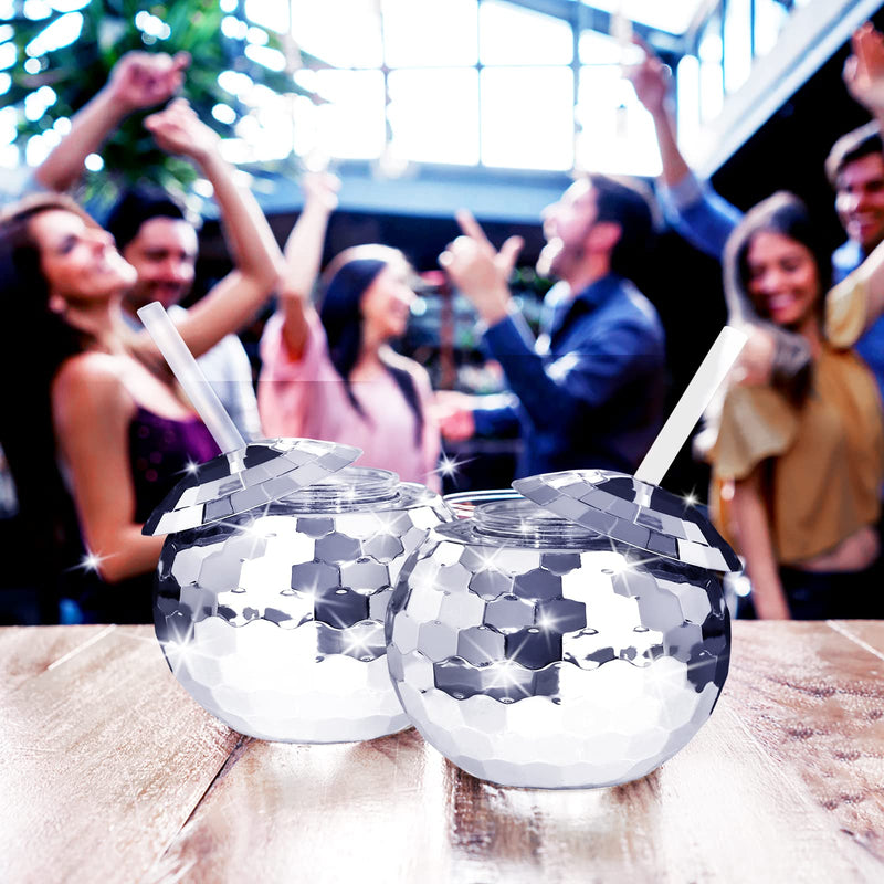 6 Pcs Disco Ball Cups Silver Spherical Cup Disco Flash Ball Cocktail Cup Sparkly Glitter Disco Ball Cups with Lid and Straw Disco Wine Glass Drinking Syrup Tea Bottle for Disco Bar Party Supplies