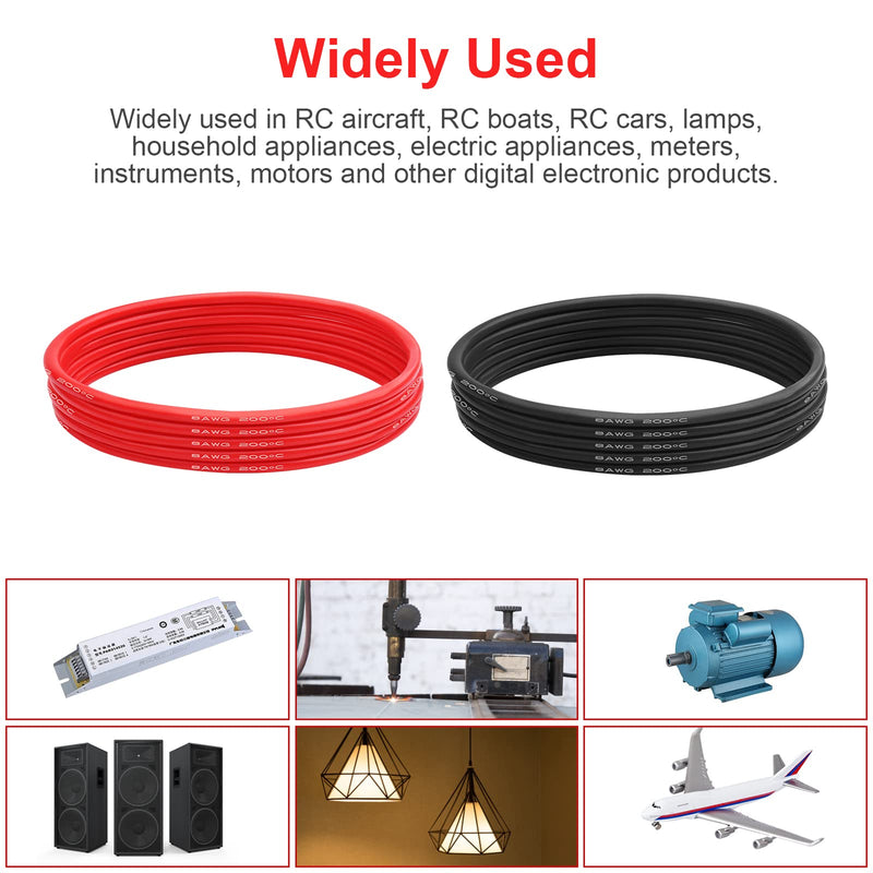 8 AWG Gauge Silicone Wire Electrical Cable（10ft red &10ft Black） Soft & Flexible 0.08 mm Tinned Copper core High Temperature Resistant Silicone Wire for Arduino Projects, RC Cars, Boat, Drones etc. 8 AWG 10ft Red+10ft Black