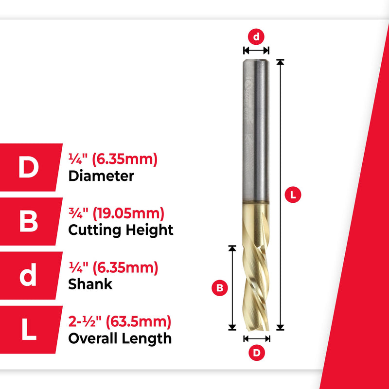 Amana Tool CNC Solid Carbide Up-Spiral Router Bit for Composite, Fiberglass, Phenolic, ZrN Coated, 46097, 1/4 Dia x 3/4 x 1/4 Shank x 2-1/2 Inch Long