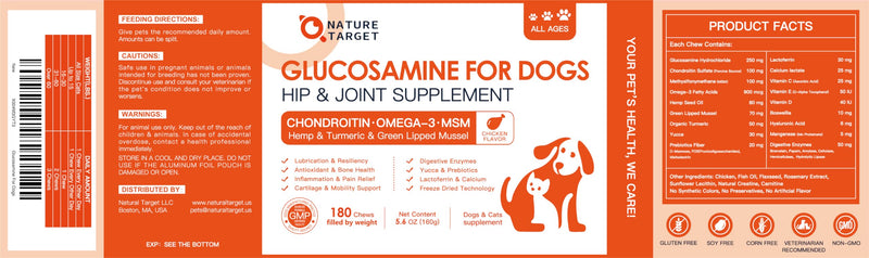 NATURE TARGET Glucosamine for Dogs - Hip and Joint Supplement for Dogs, 180 Crunchy Chews, Glucosamine Chondroitin, Omega-3, MSM, Turmeric for Pain Relief, Dog Joint Supplement Large & Small Breed 180 Counts